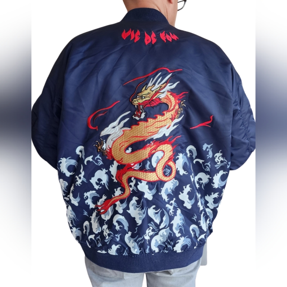 Blue Bomber Jacket Reversible Oversized Dragon Farren Jean Andrea Warm Unisex
